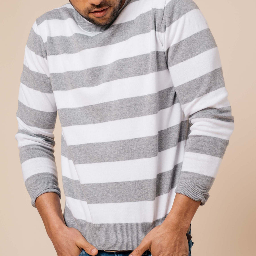 Earn Your Stripes Crewneck Sweater - Grey/White